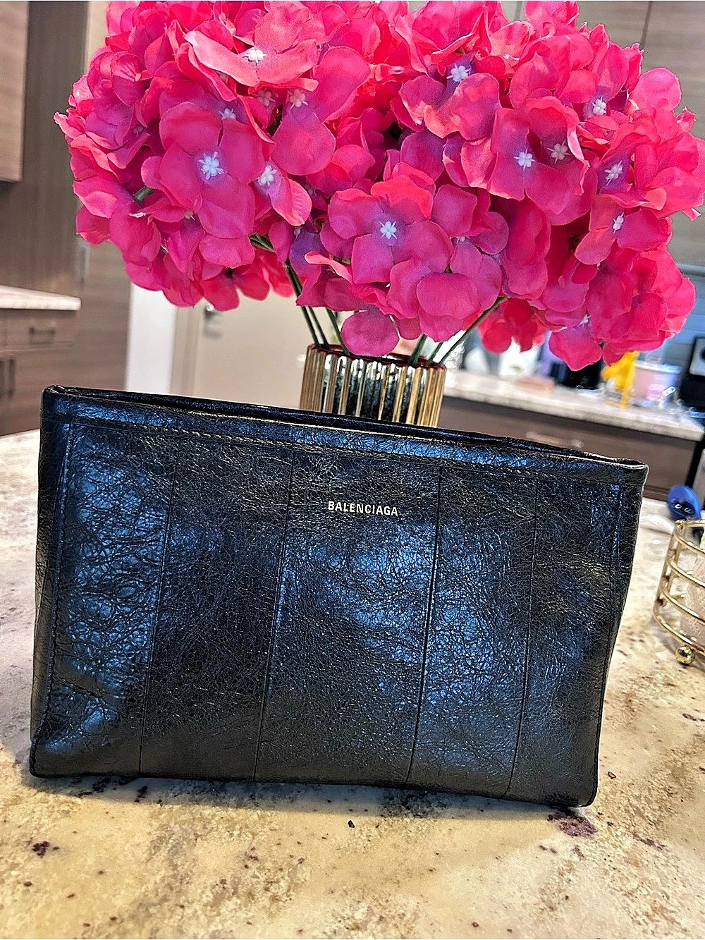 Balenciaga Textured Papier Zip Around Clutch Black Wristlet